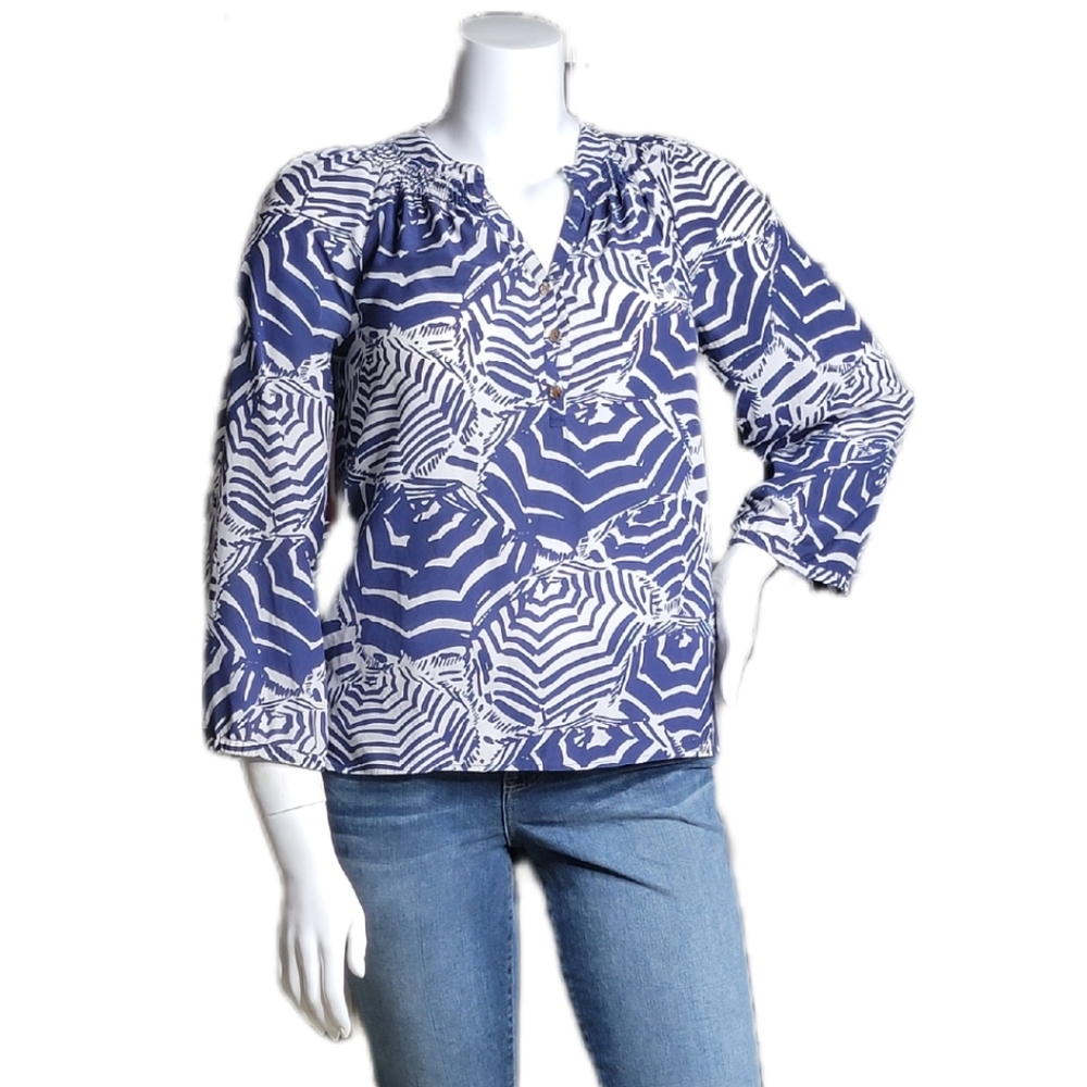 Lilly Pulitzer Women's Resort Wear Elsa Silk Top Size M Navy & White Umbrella